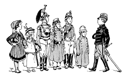 An assortment of French children playing soldiers, lined up in various configurations of military attire, being inspected by the ‘General’ assuming his best Napoleonic pose. From “Les Vacances de Bob et Lisette” by Paul Bilhaud, illustrated by Job; published by Librairie Hachette et Cie., 1894.