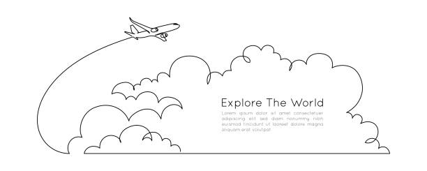 Airplane path in clouds in the sky in One Continuous line drawing. Business Concept of world travel and international flight airline in simple linear style. Editable stroke. Vector illustration Airplane path in clouds in the sky in One Continuous line drawing. Business Concept of world travel and international flight airline in simple linear style. Editable stroke. Vector illustration. airport-infographic stock illustrations