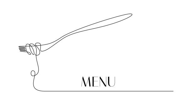 Fork with pasta in One Continuous line drawing. Italian spaghetti noodle for menu design and food delivery service in simple linear style. Editable stroke. Doodle Vector illustration Fork with pasta in One Continuous line drawing. Italian spaghetti noodle for menu design and food delivery service in simple linear style. Editable stroke. Doodle Vector illustration. gourmet stock illustrations