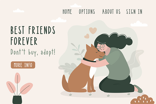Happy girl hugging cute dog. Fulfilling the desires. Best friends forever, landing page template. Adopt new friend from shelter. Friendship between human and pet. flat vector illustration