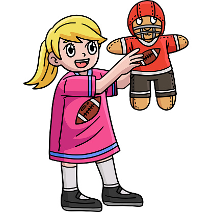This cartoon clipart shows an American Football Girl with a Quarterback Plushie illustration.