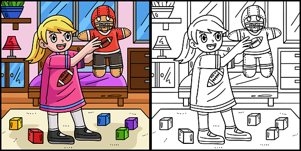 This coloring page shows an American Football Girl with Quarterback Plushie. One side of this illustration is colored and serves as an inspiration for children.