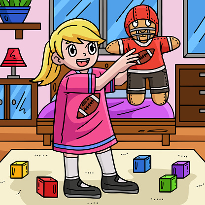 This cartoon clipart shows an American Football Girl with a Quarterback Plushie illustration.
