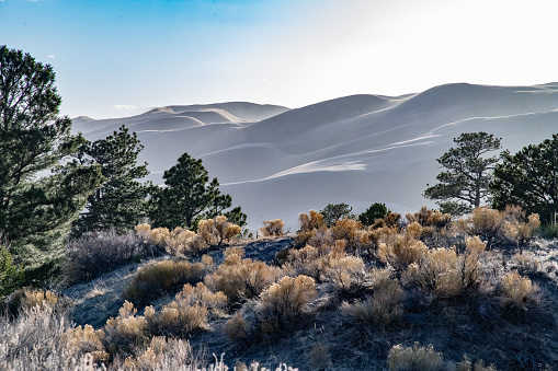 View westward of the Great Sand Dunes National Park in Colorado, western USA, North America. Nearest cities are Denver, Colorado Springs and Alamosa Colorado.
