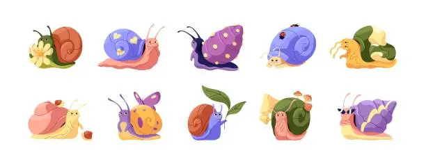 Vector illustration of Cute snail characters set. Different slugs with patterned coiled shells. Snailfishes with various emotions, facial expression. Happy, sad, angry gastropods. Flat isolated vector illustration on white