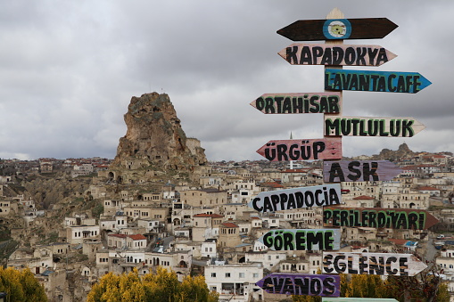 View of the Pigeon Valley in Cappadocia, the fairy chimneys and the Uschisar Castel in Turkey