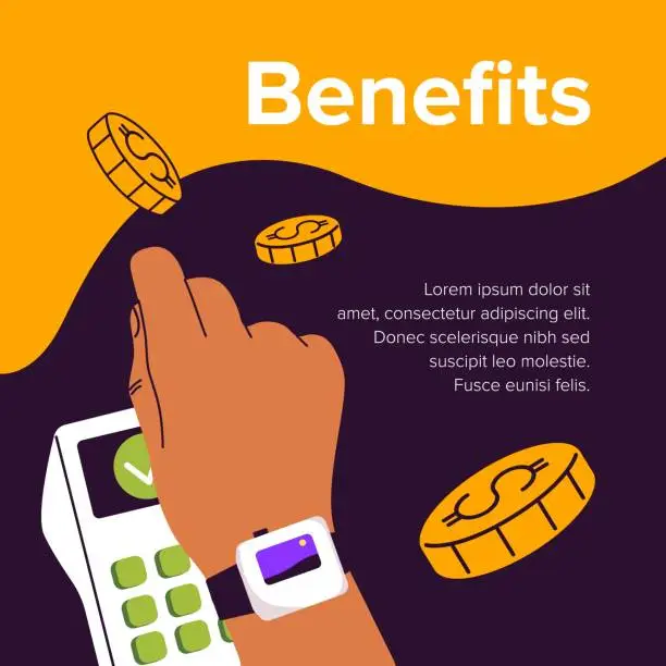 Vector illustration of Contactless cashless payment, digital finance transactions using smartwatch. Person taps to pay, touches watch to POS to buy. Template of advertising card of NFC technology. Flat vector illustration