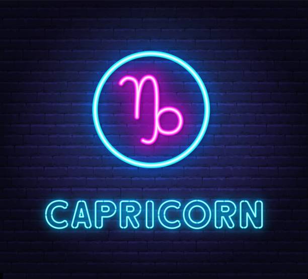 Neon Capricorn Sign on brick wall background. Neon Capricorn Sign on brick wall background. Astrology Symbol. cosmos of the stars of the constellation capricorn and gems stock illustrations