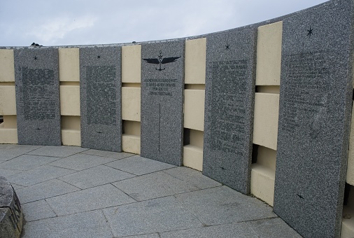 Crozon, France - Apr 5, 2024: Memorial naval aviation Cape of the Goat. Cap de la Chevre Naval Aeronautics Memorial. Second World War. Cloudy day. Selective focus