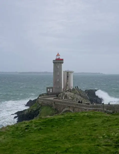 Plouzane, France - Apr 6, 2024: The Little Minou Lighthouse (Le Phare du Petit Minou) is a coastal lighthouse located at the west of Brest. Selective focus