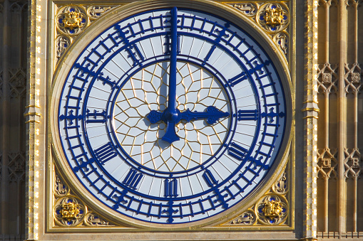 Close-up on the newly refurbished clock tower of the Palace of Westminster. World famous Cultural Icon of the UK.