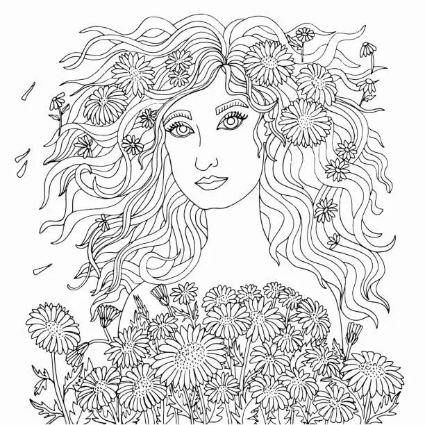 Vector illustration of Coloring page of a girl with flying hair with a bouquet of daisies