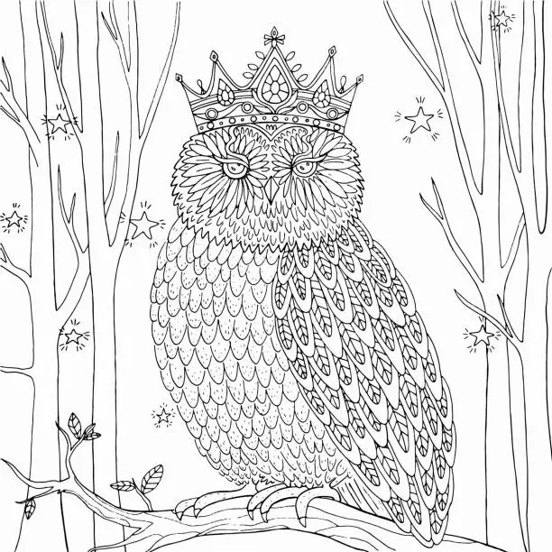 Vector illustration of Coloring page Magical owl in a magical forest. Vector illustration of a bird with patterns