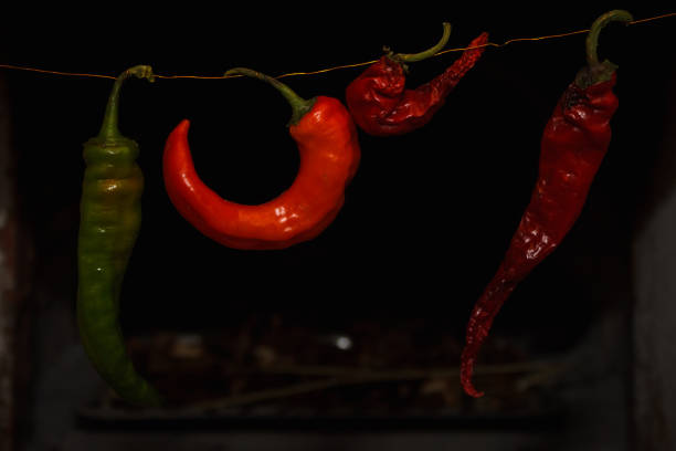 Pods of red and green pepper hang on the background of the village stove
