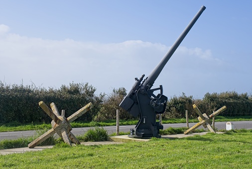 Plougonvelin, France - Apr 7, 2024: Anti aircraft gun. Graf Spee Battery Fire Control Post during the Second World War. Sunny spring day. Selective focus.
