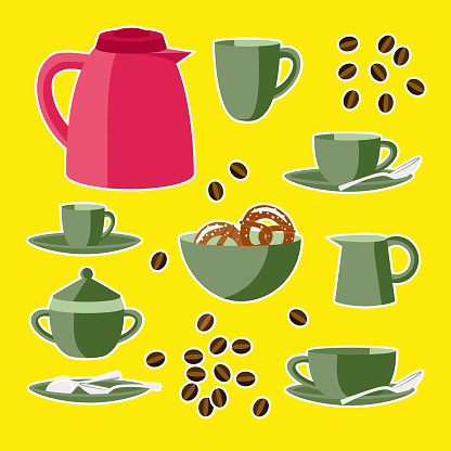 Cups, plates, spoons, sugar box, milk jug and a coffee pot illustration.