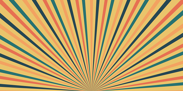 Retro background with curved beams or stripes from the 60s, 70s, 80s. Rotating spiral stripes. Colorful retro wave striped vintage sun flare. Vector illustration