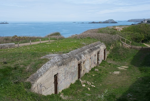 Saint-Malo, France - Apr 11, 2024: Stp. Ra109 Pointe de la Varde forms the North-Eastern defensive corner of the site of St Malo. Atlantic Wall. Sunny spring day. Selective focus