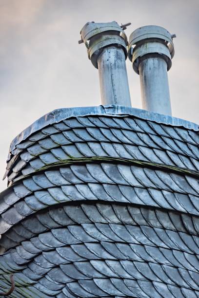 istock chimney on an old roof 2148722646