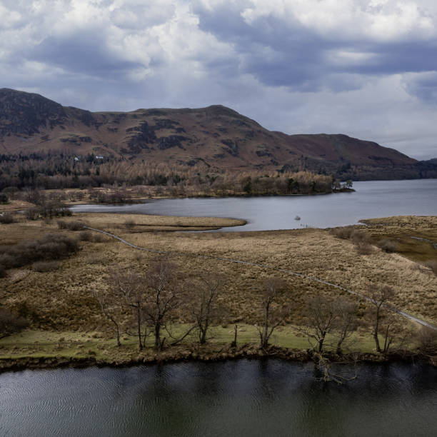 great bay and the river derwent at the south end of derwent water looking towards catbells and maiden moor aerial view