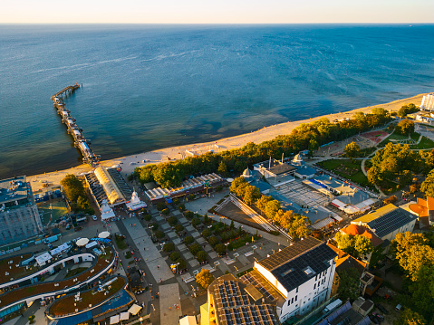 Aerial view of Miedzyzdroje town with Pier and Baltic Sea Poland