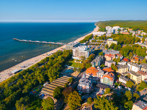 Aerial view of Miedzyzdroje town with Pier and Baltic Sea Poland