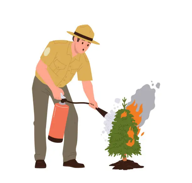 Vector illustration of Young worried forest ranger cartoon character extinguishing fire on spruce tree isolated on white