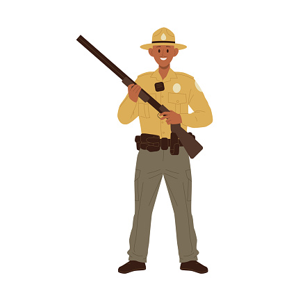 Brave confident man forest ranger, park keeper, environmental police officer cartoon character wearing uniform and hat standing with riffle providing professional service isolated vector illustration