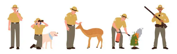 Vector illustration of Forest rangers, park keepers and environmental police guardsman cartoon characters isolated set