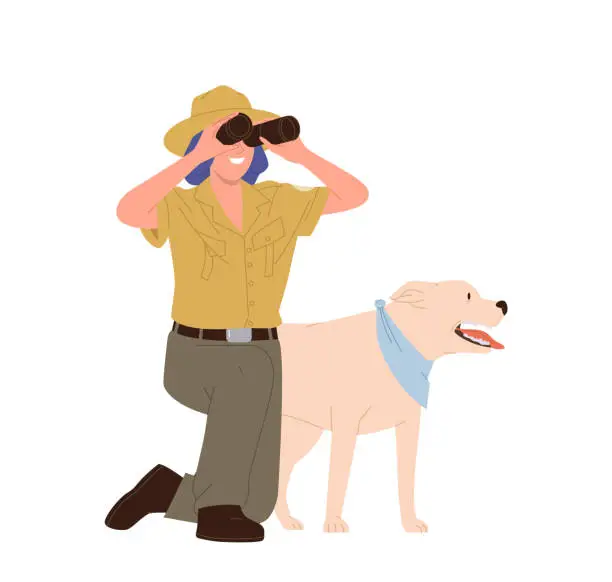 Vector illustration of Young woman forest ranger cartoon character looking through binocular making observation with dog