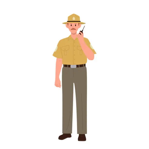 Vector illustration of Forest ranger cartoon character speaking with walkie talkie digital device vector illustration