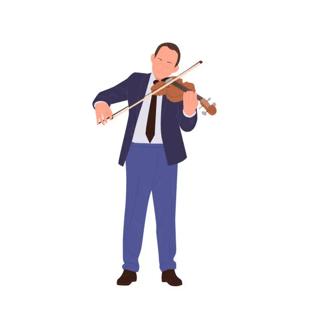 Vector illustration of Inspirited talented man classical musician cartoon character performing solo playing violin