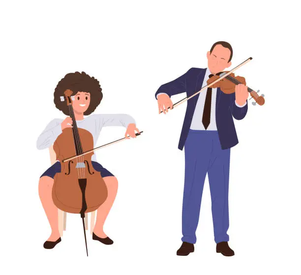 Vector illustration of Man and woman classical musician cartoon characters playing violin and contrabass string instrument