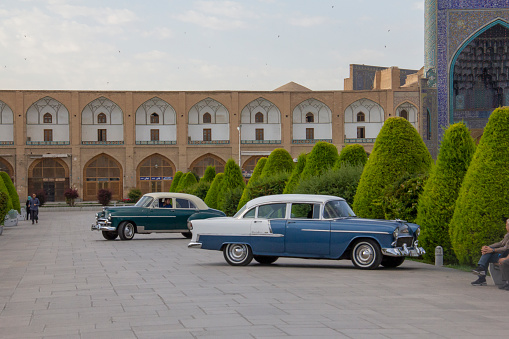 Isfahan, IRAN - may 11, 2017 - Classic cars on display in Iran's largest square (Naghshe Jahan Square, Isfahan)