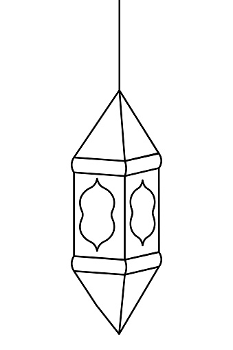 The lantern hangs on a thread. Candlestick with a triangular dome. Sketch. Vector illustration. Outline on isolated background. Doodle style. Lamp with fancy windows. Coloring book for children. Idea for web design.