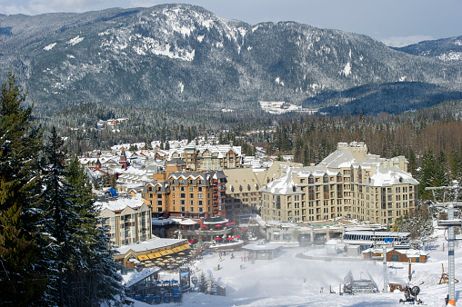Aerial view of ski village in winter