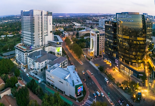 Low angle view of modern office skyscrapers and Wester Sydney University in Parramatta Square Parramatta CBD, sky background with copy space, full frame horizontal composition