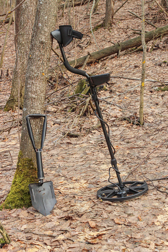 A metal detector for searching for metals in the ground and a sapper shovel leaning against a tree in the forest