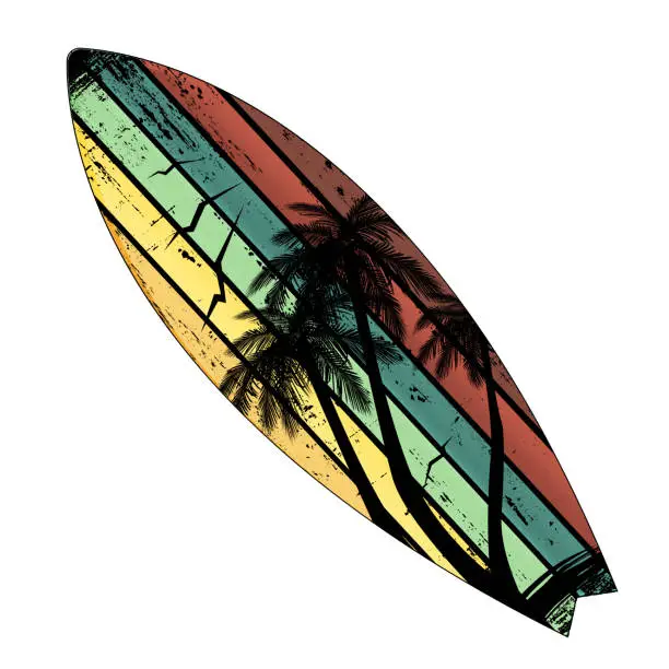 Vector illustration of Summer exotic holiday concept in retro style. Wooden surfboard with Hawaiian seascape with palm trees on a white background. Stylish tropical vector illustration.