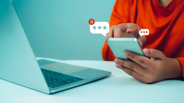 istock Human hand touching email on virtual screen. New email notification concept for business email communication and digital marketing. The inbox receives electronic message notifications. internet technology 2148725328