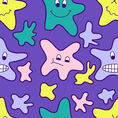 Abstract seamless pattern with doodle googly eyed stars. Groovy print for tee, paper, textile and fabric. Hand drawn vector illustration.