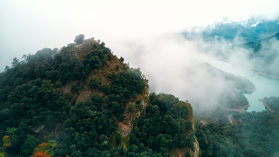 A mesmerizing natural landscape with a mountain shrouded in fog and trees, a serene lake in the background, under a cloudy sky