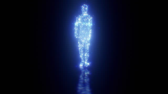 Artificial Intelligence Generating Digital Walking Man from Glowing Dots Beautiful Illustration. Abstract Human Hologram Moving in Dark Cyber Space. Neural Network Technology Avatar 3d Animation