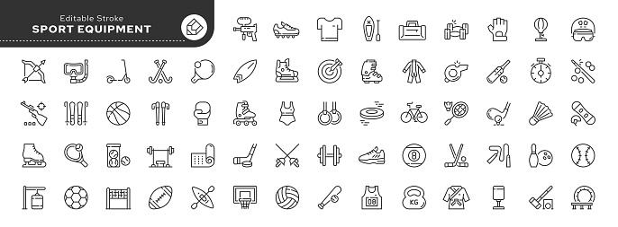 Set of line icons in linear style. Series - Sports equipment. Fitness, gym, gymnastics, athletics, sports training. Outline icon collection. Conceptual pictogram and infographic.