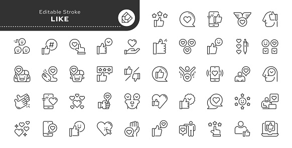 Set of line icons in linear style. Series - Like. Hand gesture thumbs up, favorite, positive, best, confirmation, approval and agreement. Outline icon collection. Conceptual pictogram and infographic.