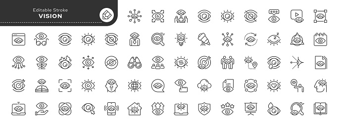 Set of line icons in linear style. Series - Vision. Eye. Open your eyes, look and view. Outline icon collection. Conceptual pictogram