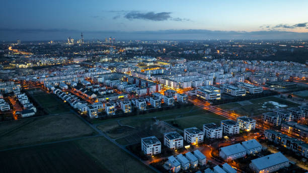 Aerial view over Frankfurt Riedberg and Mertonviertel at dusk. Frankfurt-Riedberg is a newly developed city district in the north of Frankfurt, Germany.