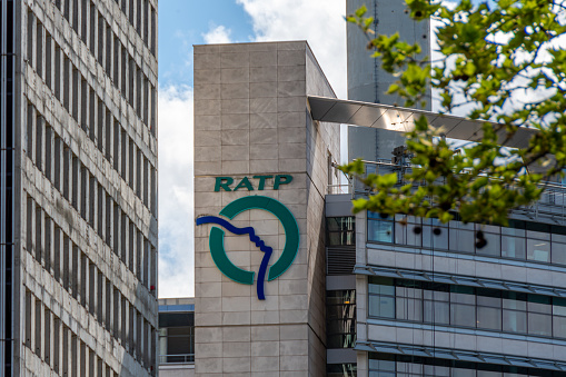 Paris, France - April 15, 2024: Facade of the headquarters of RATP (Régie Autonome des Transports Parisiens), public company operating most transport lines in Paris: metro, bus, tramway, RER