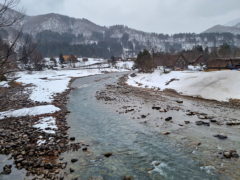 The view of landscape shirakawago river in winter