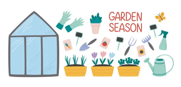 Vector illustration of Set of gardening garden hobby accessories